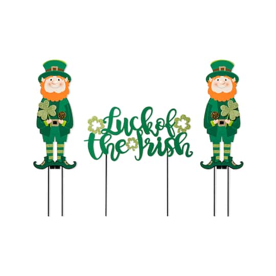 Glitzhome® 26" St. Patrick's Metal Leprechaun & Luck of the Irish Yard Stake Set